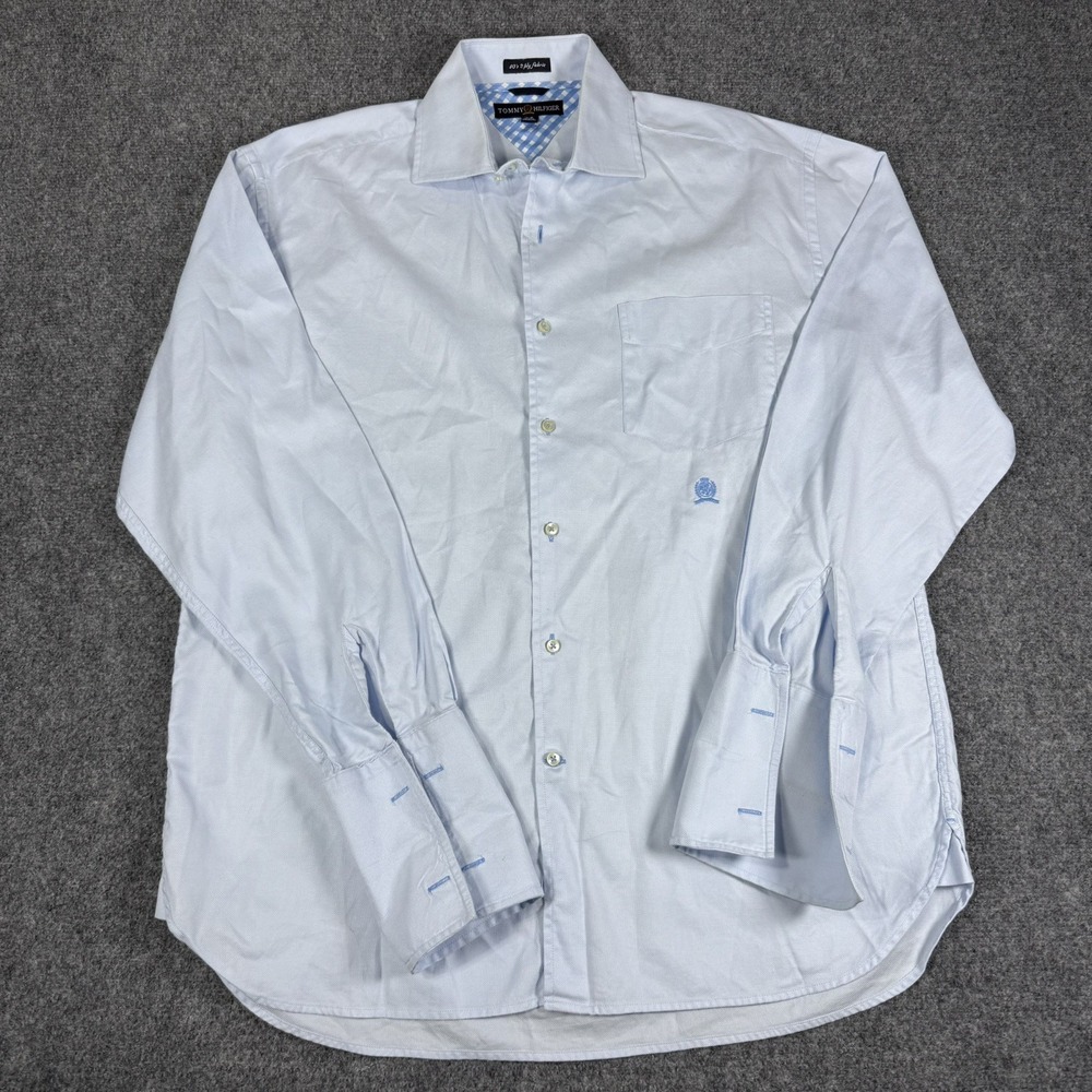 👔 Tommy Hilfiger Dress Shirt Mens L 80s 2-Ply Light Blue French Cuff Collared